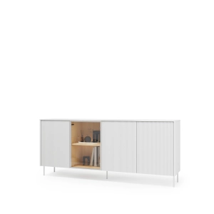 Komoda 195 cm LIBA LB-03 z ryflowanymi frontami, witryną i oświetleniem LED - biały jedwab/dąb vincenza 