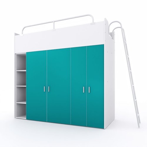 Antresola, łóżko piętrowe KIKI 2 MAX (90x200) dla dzieci i młodzieży z drabinką i szafami  fronty turkusowy mat 