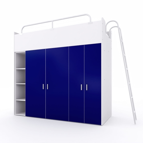 Antresola, łóżko piętrowe KIKI 2 MAX (90x200) dla dzieci i młodzieży z drabinką i szafami  niebieski mat