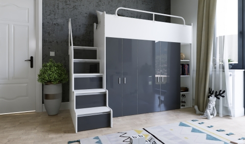 łóżko piętrowe KIKI ze schodkami  80x190 cm szary połysk (4).jpg
