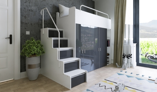 łóżko piętrowe KIKI ze schodkami  80x190 cm szary połysk (1).jpg