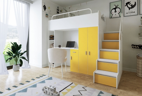 KIKI4 rozmiar 80x190 ze schodkami i biurkiem żółty mat (2).jpg