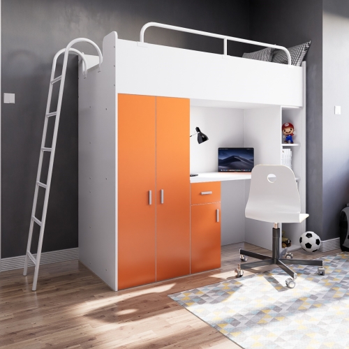  Łóżko piętrowe KIKI 4 (90x200 cm) z biurkiem i drabinką - pomarańczowy MAT