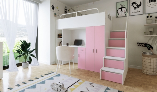 KIKI4 rozmiar 80x190 ze schodkami i biurkiem różowy MAT (2).jpg