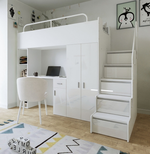 Łóżko piętrowe KIKI 4 (90x200 cm) z biurkiem i schodkami - biały połysk