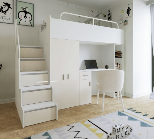 Łóżko piętrowe KIKI 4 (90x200 cm) z biurkiem i schodkami - ecru połysk