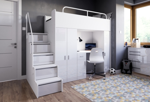 Łóżko piętrowe KIKI 5 (90x200 cm) z biurkiem i schodkami - biały połysk