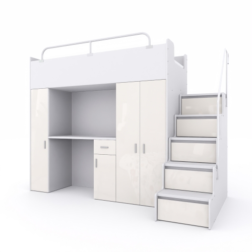 Łóżko piętrowe KIKI 5 (90x200 cm) z biurkiem i schodkami - ecru połysk
