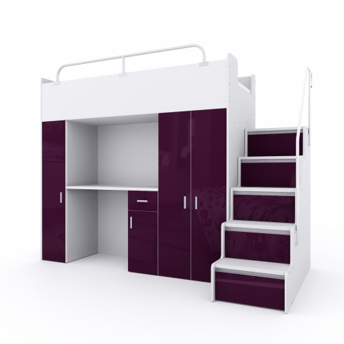 Łóżko piętrowe KIKI 5 (90x200 cm) z biurkiem i schodkami - fioletowy połysk