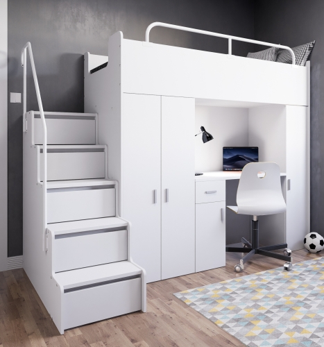  Łóżko piętrowe KIKI 5 (90x200 cm) z biurkiem i schodkami - biały mat