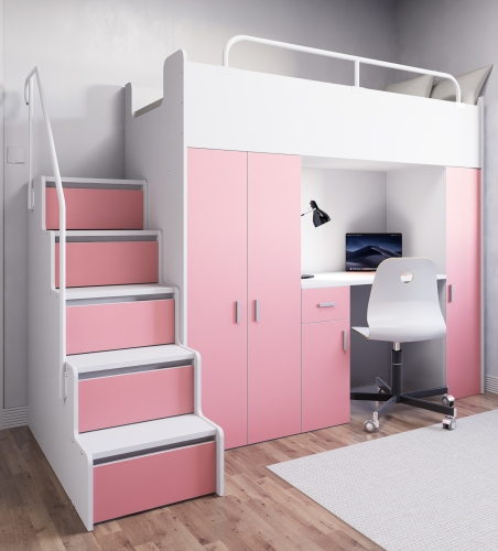  Łóżko piętrowe KIKI 5 (90x200 cm) z biurkiem i schodkami - różowy mat