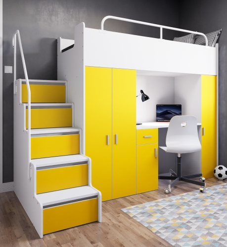  Łóżko piętrowe KIKI 5 (90x200 cm) z biurkiem i schodkami - żółty mat