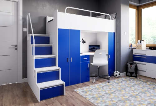  Łóżko piętrowe KIKI 5 (90x200 cm) z biurkiem i schodkami - niebieski mat