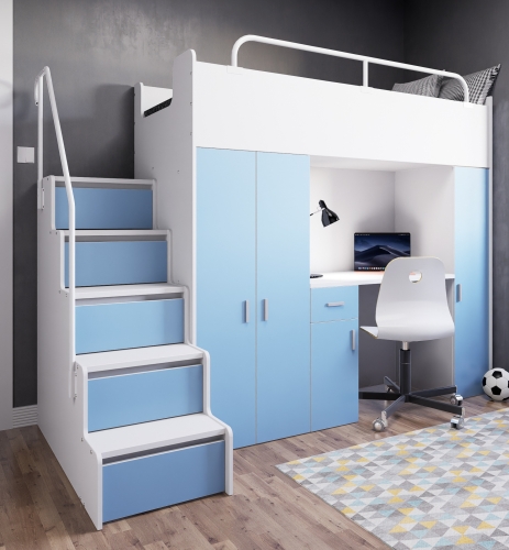  Łóżko piętrowe KIKI 5 (90x200 cm) z biurkiem i schodkami - jasnoniebieski mat