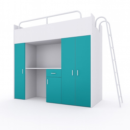 Łóżko piętrowe KIKI 5 (80x190 cm) z biurkiem i drabinką - turkusowy MAT