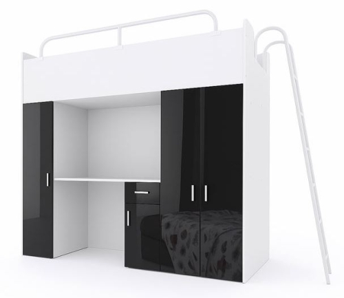  Łóżko piętrowe KIKI 5 (80x190 cm) z biurkiem i drabinką - czarny POŁYSK