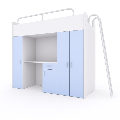 Łóżko piętrowe KIKI 5 (90x200 cm) z biurkiem i drabinką - jasnoniebieski MAT