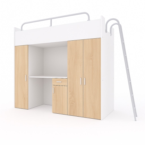 Łóżko piętrowe KIKI 5 (90x200 cm) z biurkiem i drabinką - dąb sonoma MAT