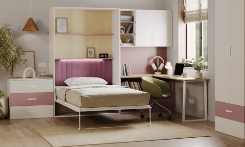 Półkotapczan składany 120x200 z biurkiem i szafkami matowe - Kaszmir + róż