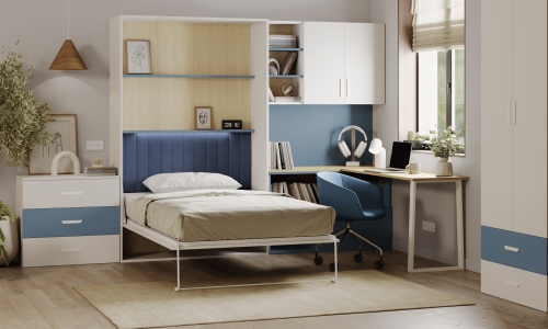 Składany półkotapczan 120x200 z biurkiem i szafkami – kaszmir/niebieski