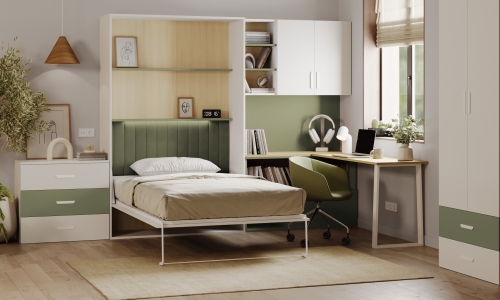 Nowoczesny półkotapczan 120x200 z biurkiem i szafkami Mat Kaszmir + zielony