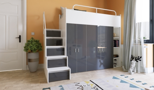 łóżko piętrowe KIKI ze schodkami  80x190 cm szary połysk (5).jpg