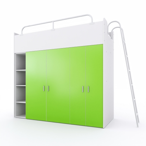 Łóżko piętrowe KIKI 2 (80x190) dla dzieci z drabinką i szafami  fronty limonkowy mat