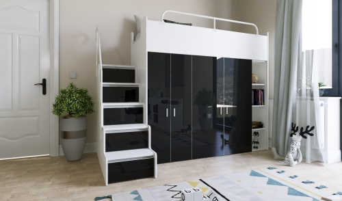 łóżko piętrowe KIKI ze schodkami 80x190 cm czarny połysk  (2).jpg