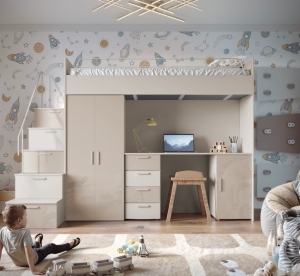 Łóżko piętrowe młodzieżowe 80x200 z biurkiem i szafą – RAJ 4S biały + połysk