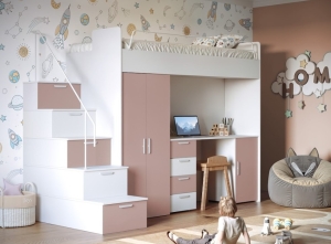 Łóżko piętrowe 80x200 z biurkiem i szafą schodami stelażem  RAJ 4S kolory mat 