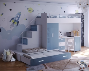 Łóżko piętrowe antresola RAJ 5 połysk  z biurkiem, szafą, stelażem i schodami + materac + siedzisko GRATIS