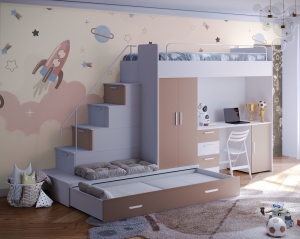 Łóżko piętrowe 80x200 antresola RAJ 5 MAT z biurkiem, szafą i schodami + materac + siedzisko GRATIS